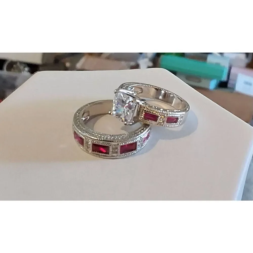 Gorgeous 4 Ct. Princess & Emerald Cut Lab Ruby/Sim Diamond Bridal Ring Set Sz 8